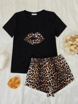 Black leopard lip tee and shorts pajama set