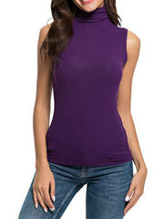 Sleeveless purple turtleneck t-shirt with a fitted silhouette.