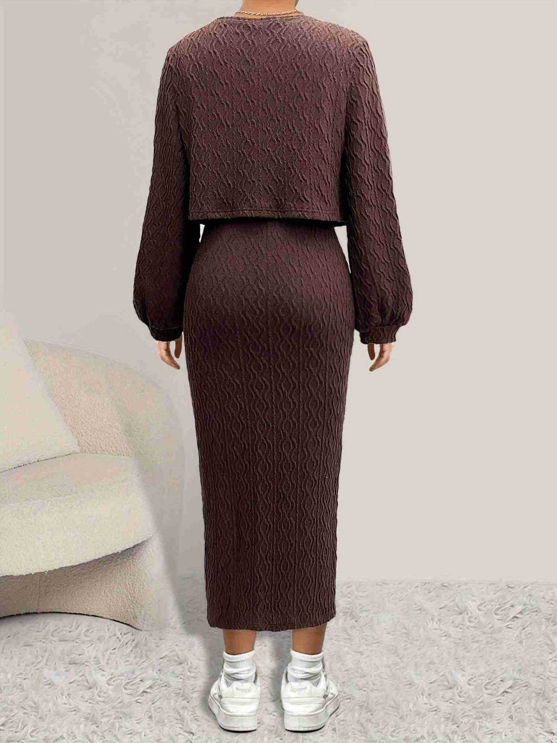 Brown textured midi dress and cropped cardigan set with balloon sleeves