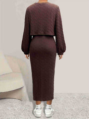 Brown textured midi dress and cropped cardigan set with balloon sleeves