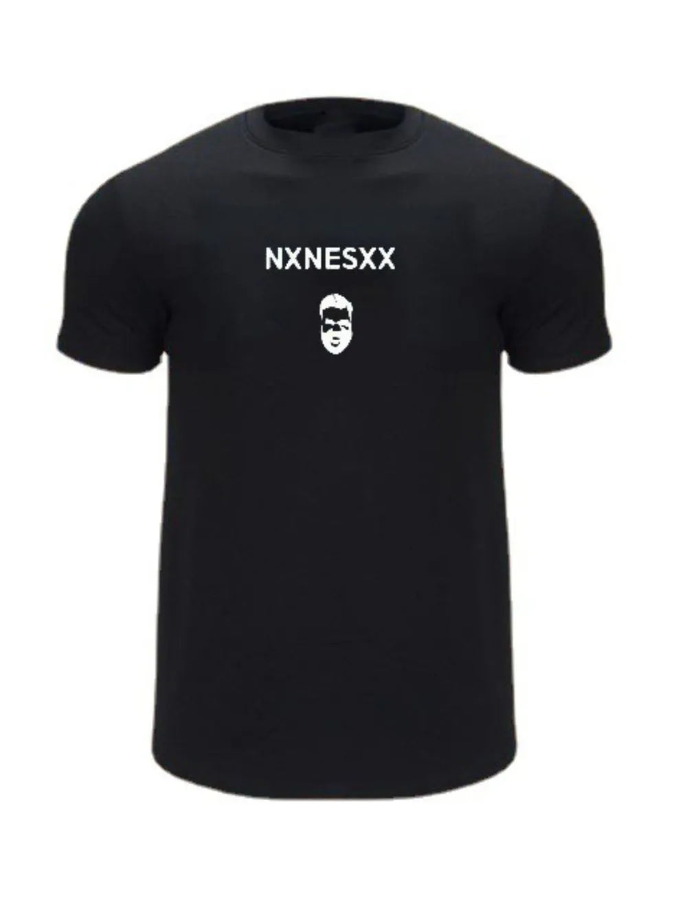 Black graphic crew neck muscle tee with white text and face graphic.