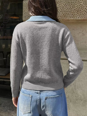 Contrast Collar Dropped Shoulder Sweater in Gray, back view