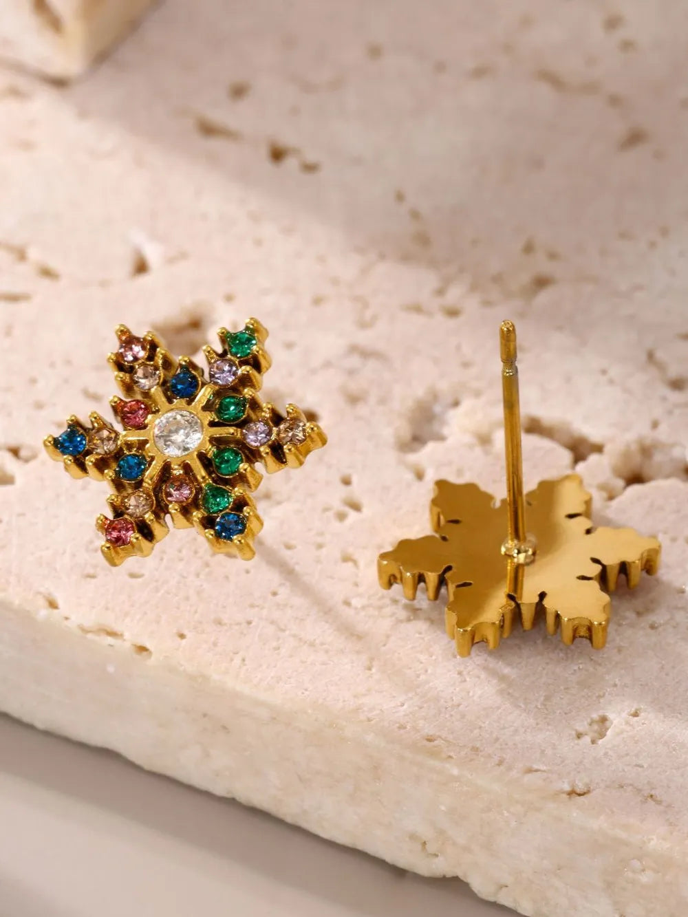 Celestial Gemstone Snowflake Studs in mixed color with 18K gold plating.