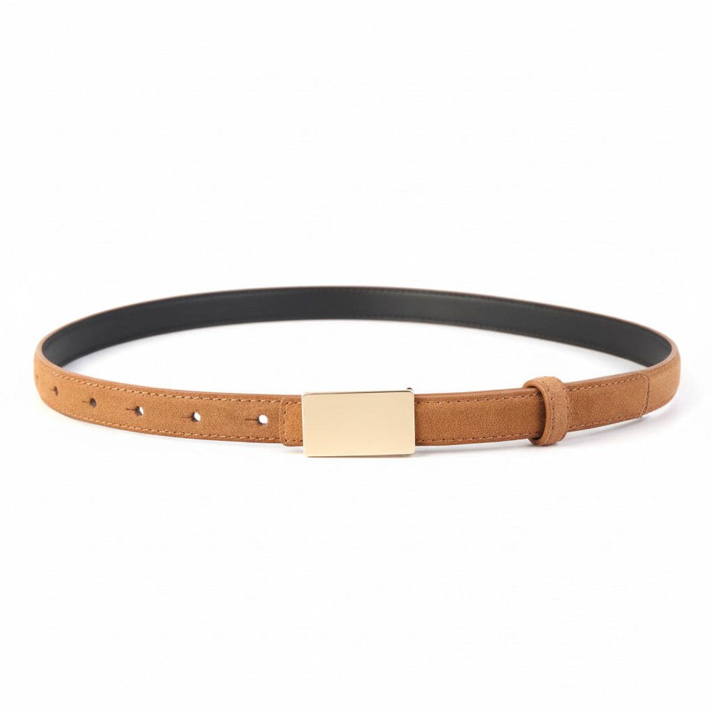 Brown cowhide leather belt with gold buckle and black lining