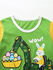 Baby tee with green body, yellow sleeves, and excavator graphic with Easter eggs.