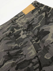 Men's grey camouflage cotton cargo pants with multiple pockets and a leather patch detail.