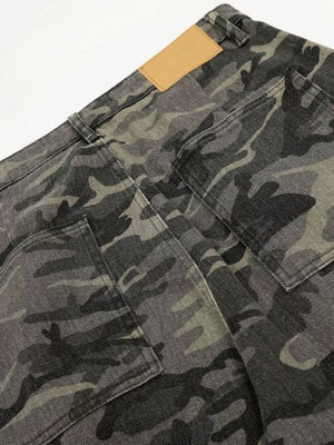 Men's grey camouflage cotton cargo pants with multiple pockets and a leather patch detail.