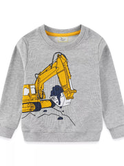Gray crew-neck sweatshirt with yellow excavator graphic for baby boys