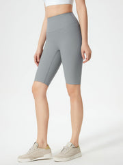 Gray ribbed contour cycling shorts with a high waist and mid-thigh length.