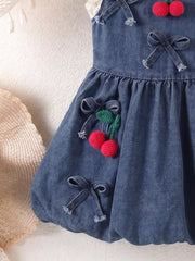 Children's Denim Cherry Applique Dress in Navy, model styling view
