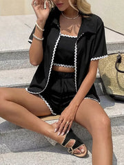 Black cami shorts set with scalloped trim and short sleeve open cardigan.