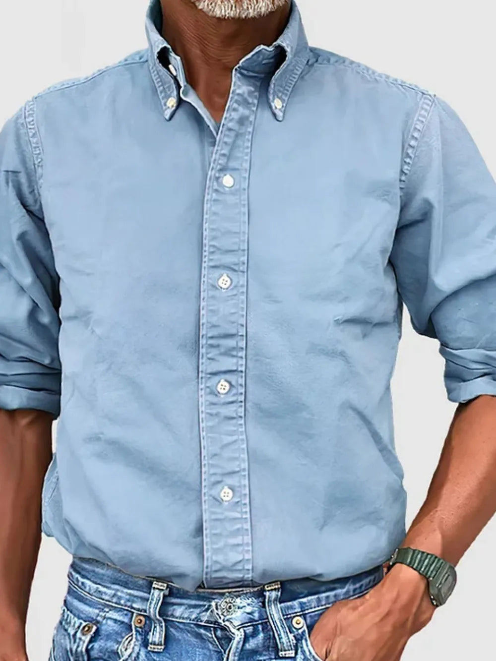 Light Blue Oxford button-down shirt with relaxed fit and button collar.
