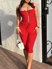 Scarlet lace-up tank top and capri pants set with a drawstring waist.