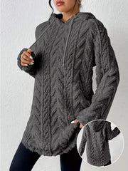 Textured gray fleece hoodie with drawstring and pockets, featuring a cable knit pattern.