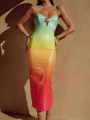 Sequined cami dress with gradient color and starfish detail