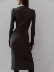 Wrap-front ribbed knit midi dress in Dust Storm with long sleeves and tie waist.