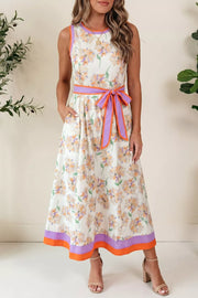 Floral print sleeveless midi dress with purple and orange trim and belt