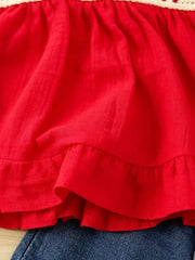 Children's Strawberry Crochet Trim Top & Denim Shorts Set in Red, back view