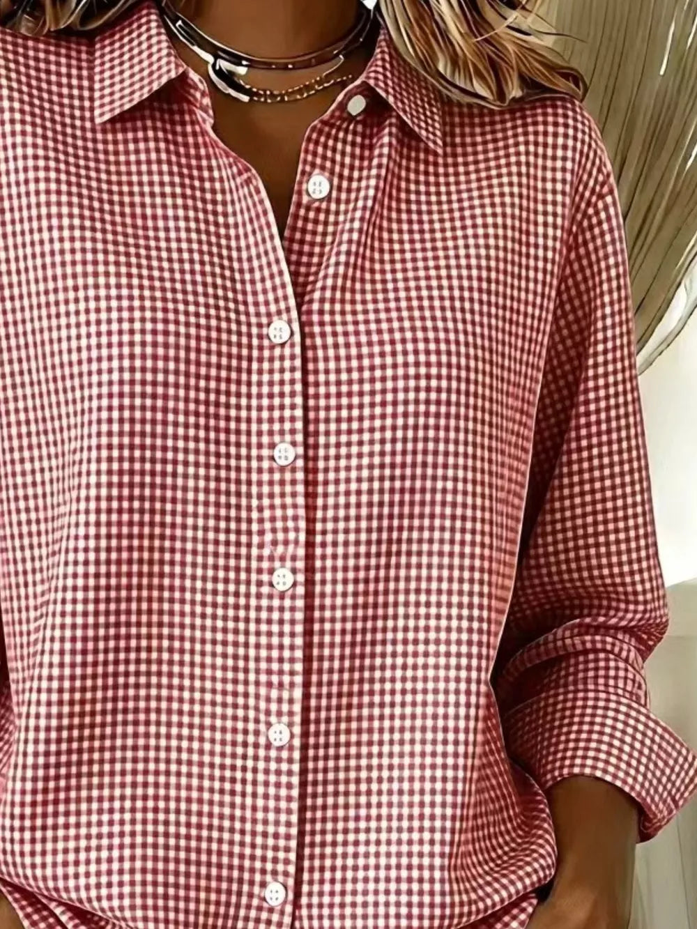 Plus Size Plaid Button Up Long Sleeve Shirt, fabric detail