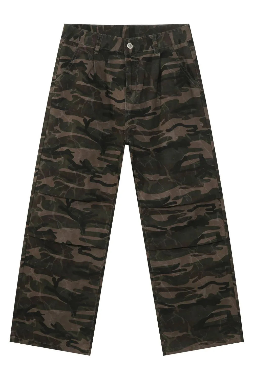 Camo wide-leg utility trousers in green camouflage with a relaxed fit and utility pockets.