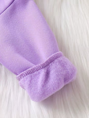 Lavender baby hoodie cuff with plush lining and stitched detail.