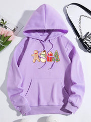 Heliotrope purple hoodie with gingerbread man, snowman, gift, and Christmas tree graphic.
