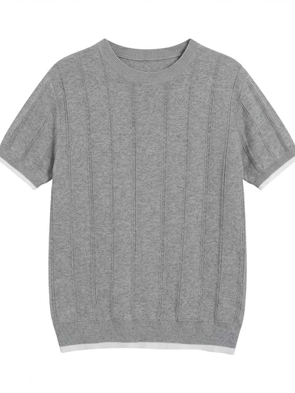 Grey knit t-shirt with crew neck, short sleeves, and contrast white trim.