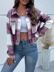 Checked plaid shacket in deep purple with patch pockets and button closure.