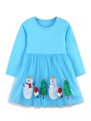 Baby girls pastel blue long sleeve cotton dress with snowman and Christmas tree applique on tulle skirt.