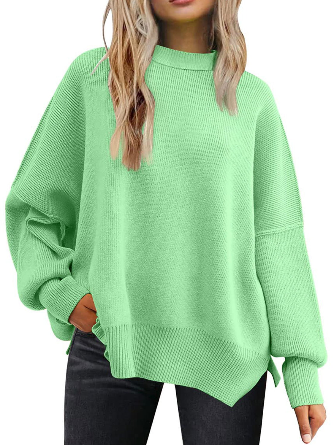 Ribbed-knit relaxed fit sweater in pastel yellow with mock neck and dropped shoulders.