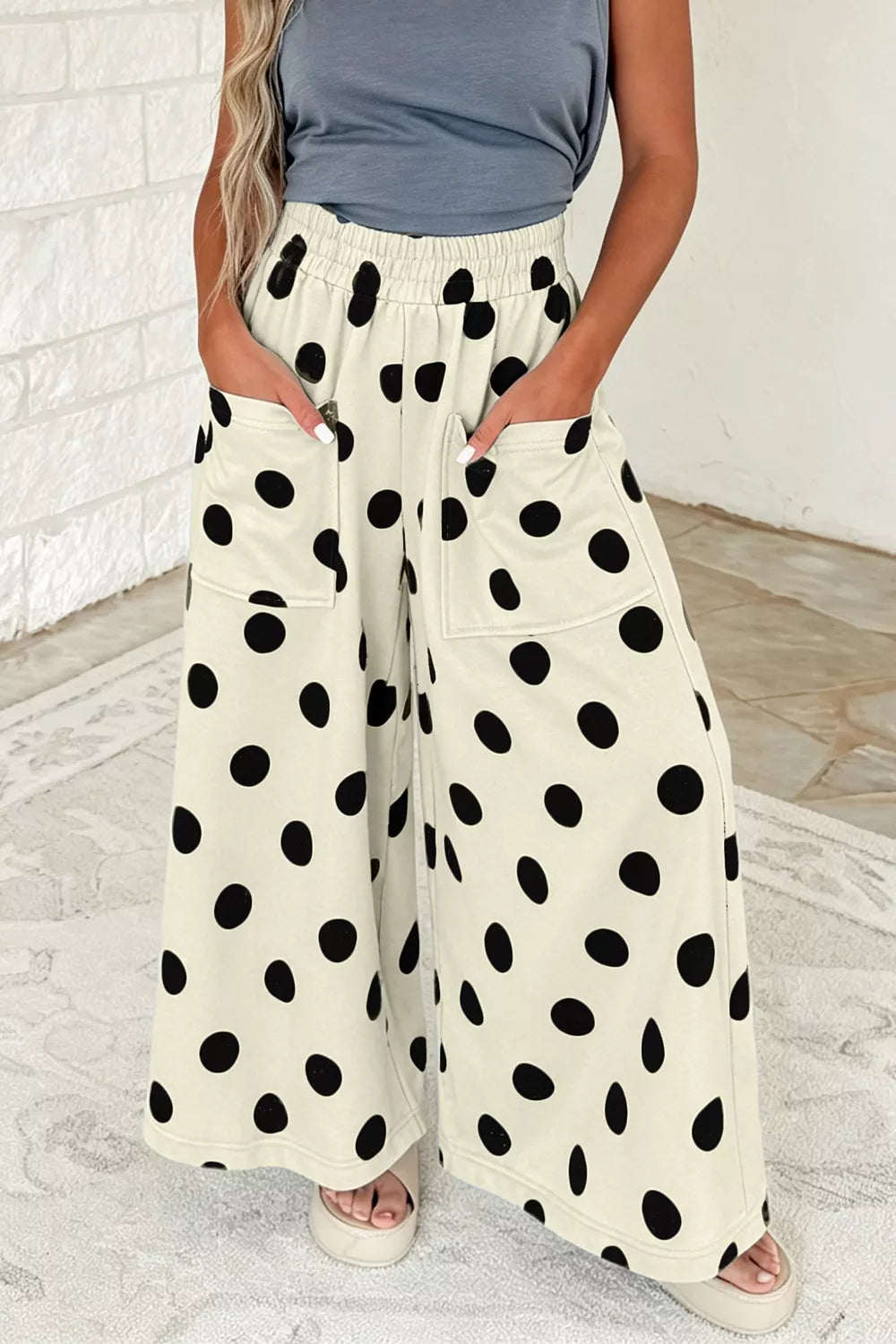 Polka Dot Wide Leg Elastic Waist Pants in Dust Storm, front view