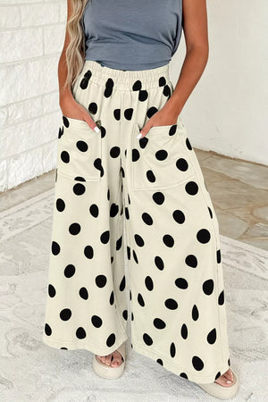 Polka Dot Wide Leg Elastic Waist Pants in Dust Storm, front view