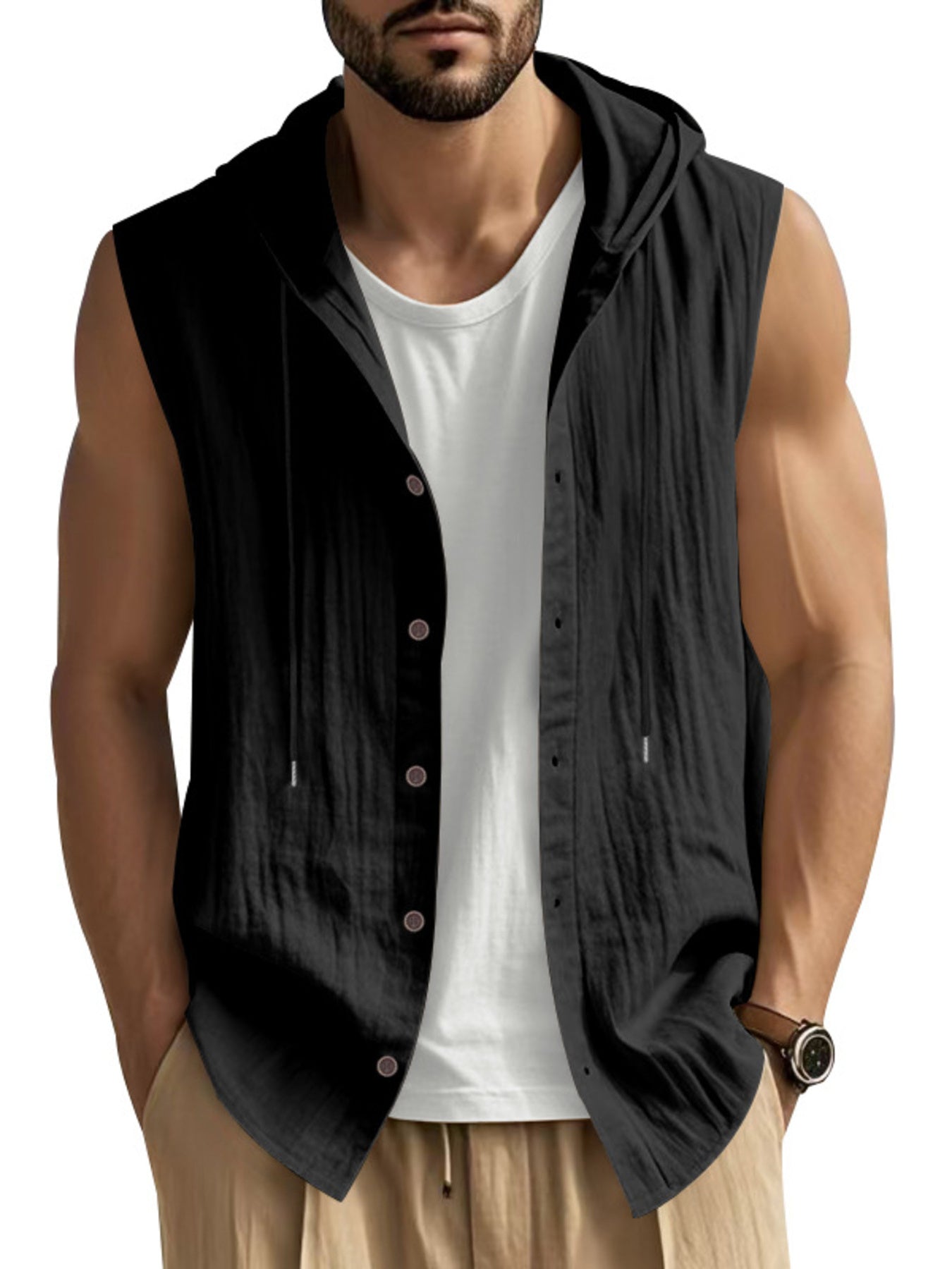 Black casual sleeveless hooded men's shirt with buttons, worn over a white undershirt.