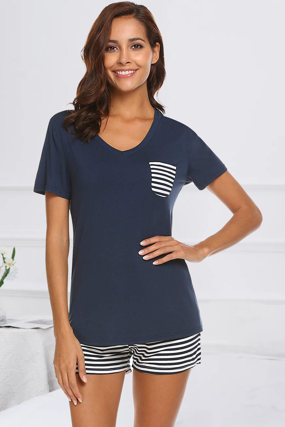 Dark blue V-neck lounge set with striped pocket and shorts