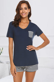 Dark blue V-neck lounge set with striped pocket and shorts