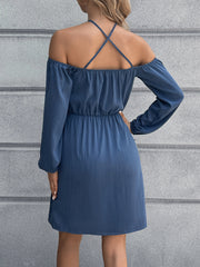 Dusty Blue cross-strap off-shoulder mini dress with long sleeves and elastic waist.