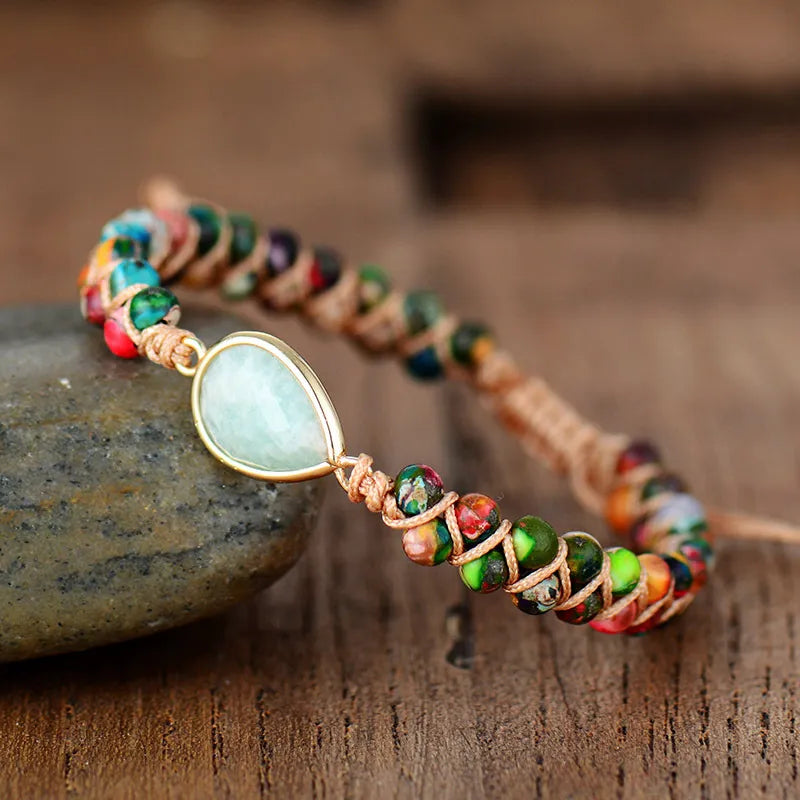 Macrame bracelet with teardrop stone and colorful beads