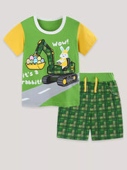 Baby boys green tee with yellow sleeves and excavator graphic, plus plaid shorts.