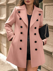 Pale Blush double-breasted wool blend trench coat with black buttons and cuffed sleeves.