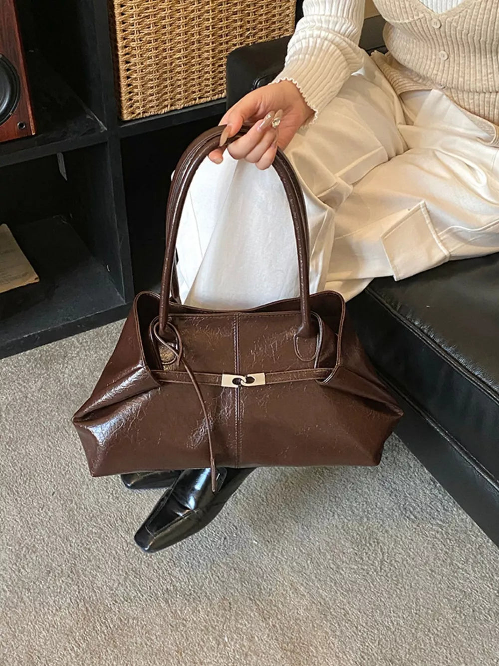 Pu Leather Shoulder Bag in Brown, model styling view