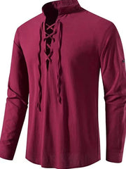 Burgundy linen lace-up shirt with mandarin collar and long sleeves