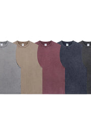 Washed cotton muscle tanks in gray, khaki, burgundy, navy, and black.