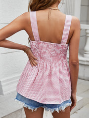 Smocked gingham peplum tank top in Deep Red with square neckline and adjustable straps.