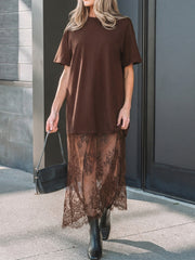 Dark brown t-shirt maxi dress with sheer floral lace skirt and short sleeves.