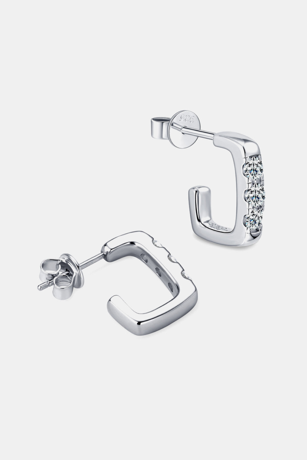Silver square pavé moissanite hoop earrings with clear cubic zirconia accents.
