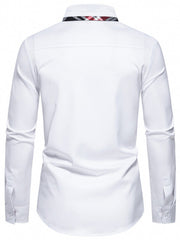 Men's white long sleeve shirt with plaid collar detail, slim fit cotton.