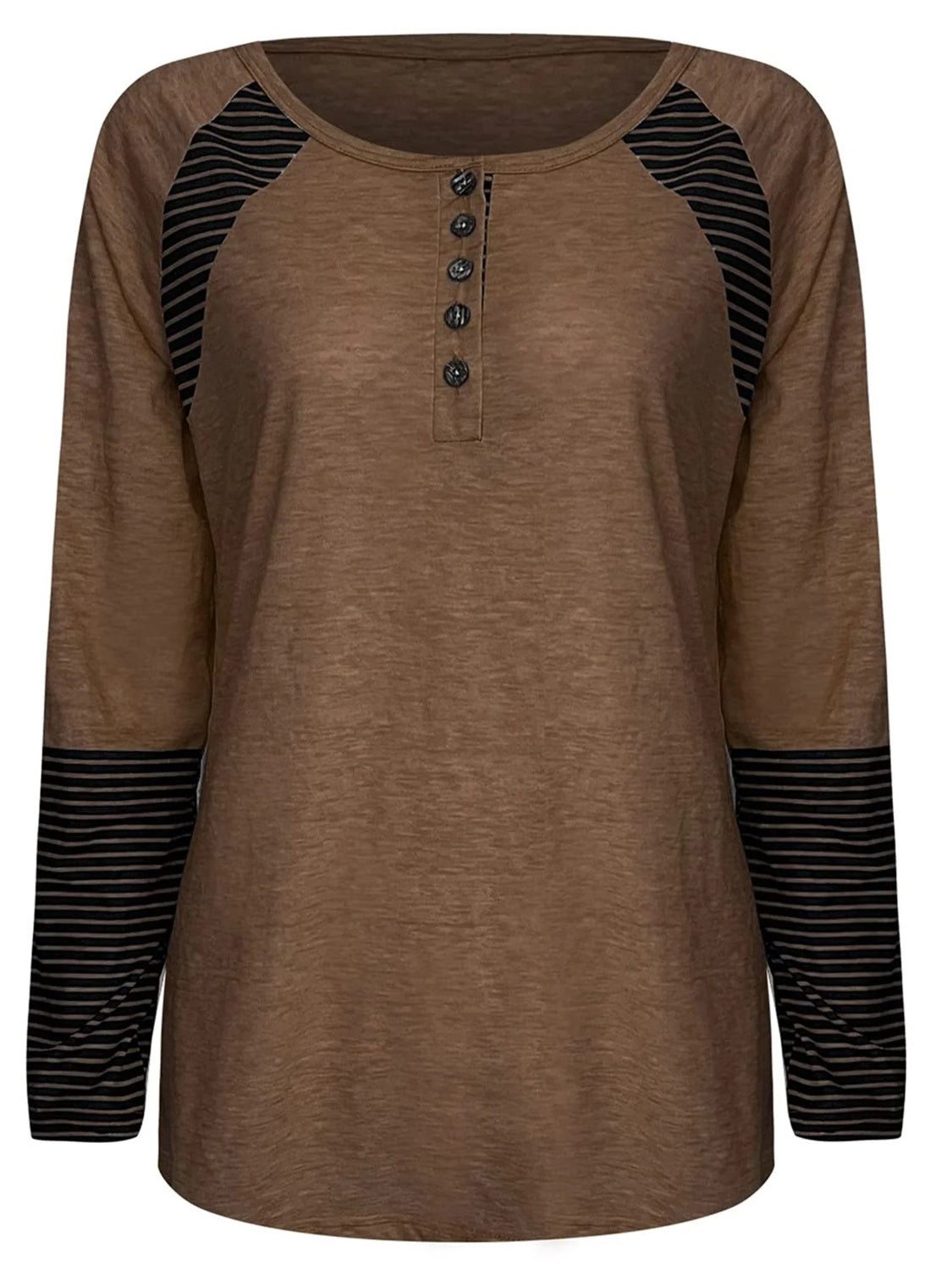Raglan stripe henley tee in coffee brown with black striped sleeves and button placket.