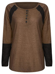 Raglan stripe henley tee in coffee brown with black striped sleeves and button placket.
