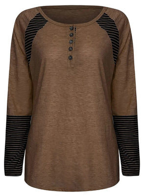 Raglan stripe henley tee in coffee brown with black striped sleeves and button placket.