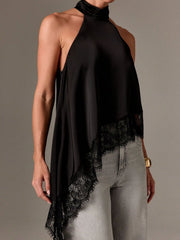 Black halter camisole with lace trim and high neck detail